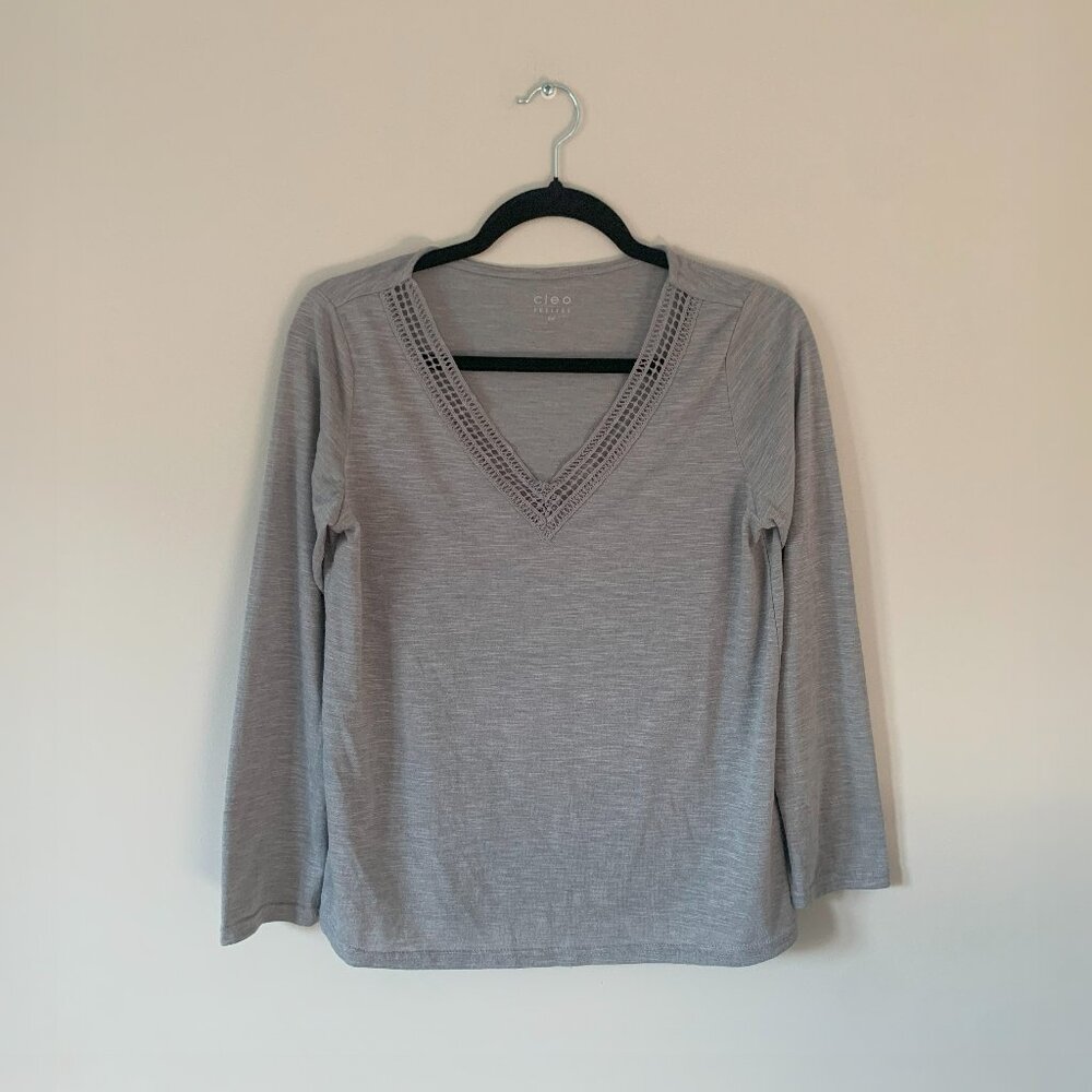 Gray Braided V-Neck Long Sleeve T-Shirt
